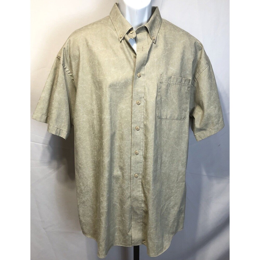 Haggar Button Up Camp Shirt XL Sage Collar Pocket Short Sleeve Casual